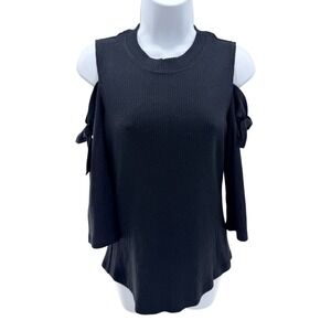 Rebecca Taylor Black Cold Shoulder Ribbed Knit Top Tie Sleeve Open Shoulder NWT